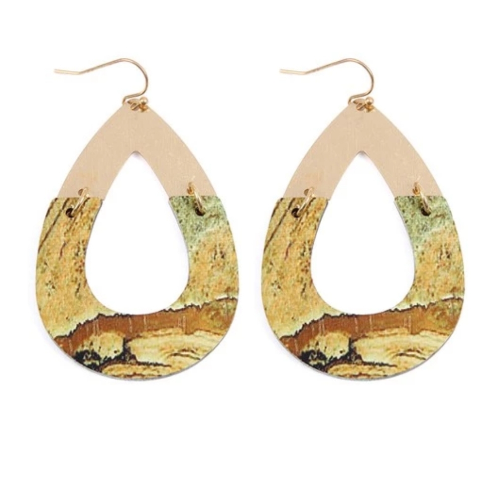 Metal Wood Drop Earrings- Marble